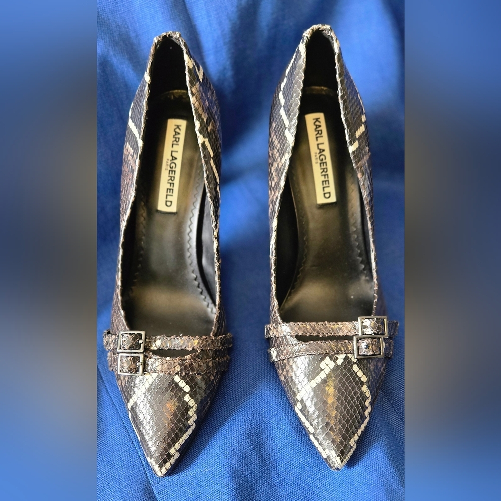 Karl Lagerfeld "snakeskin" high heels double straps/ buckles pointy toe 9.5M